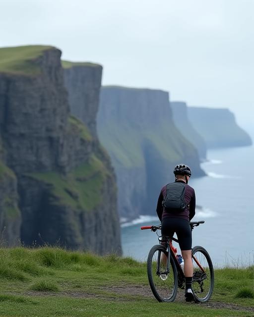 A solo cyclist admiring the Cliffs of Moher