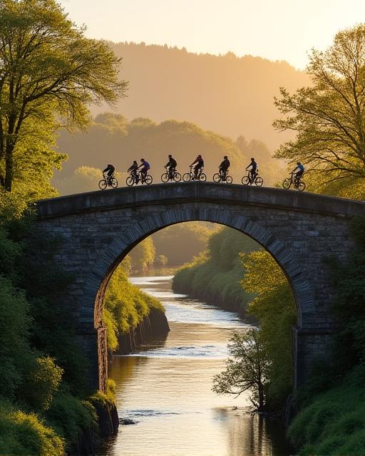 Cyclists crossing an old stone bridge over a river in Ireland