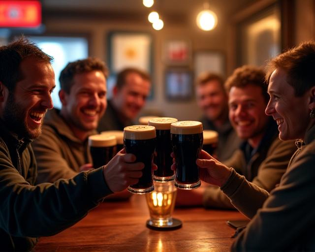 A group of cyclists toasting with pints at a traditional Irish pub