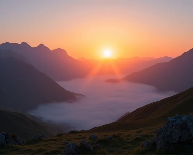 Sunrise over a misty Irish mountain range, viewed from a campsite