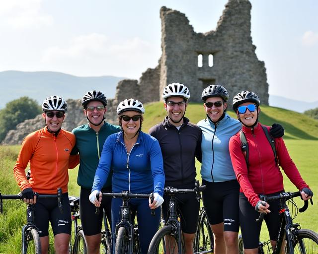 A group of cyclists with their guide posing in front of an ancient Irish ruin