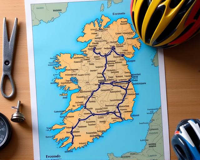 A detailed map of Ireland with cycling routes highlighted, alongside a compass and bike helmet