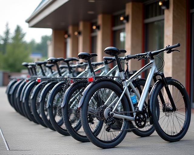 A fleet of high-quality touring bikes lined up outside the Celtic Pedal Ventures shop