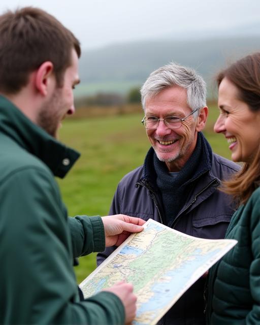 A local guide pointing out a route on a map to a smiling couple